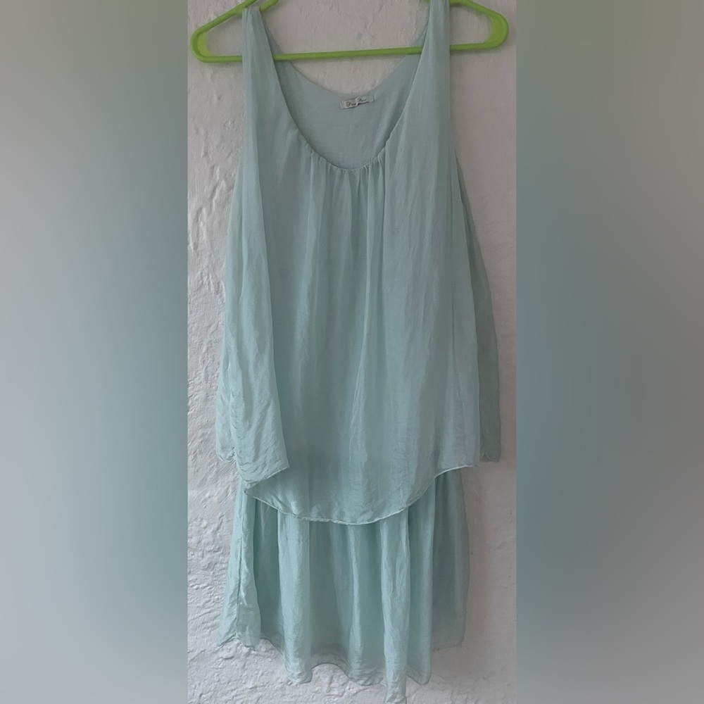 Pura Seta lined mint green 100% silk drop waist sleeveless tunic / mini dress;M
